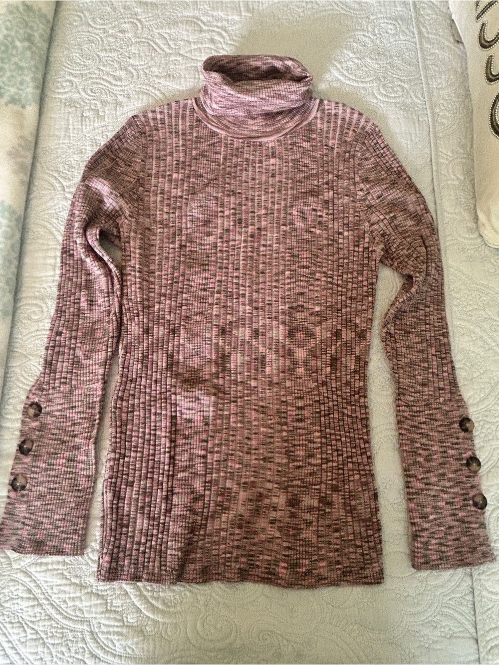 Anthropologie Pink Marled Turtleneck Sweater with Button Cuffs - L - NWOT